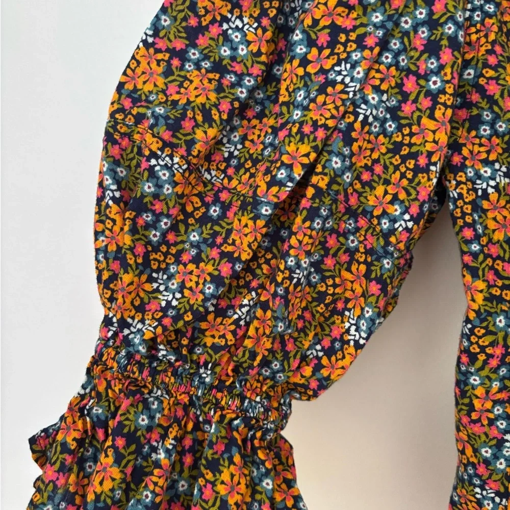 Free People Navy Floral Puff-Sleeve Button Blouse